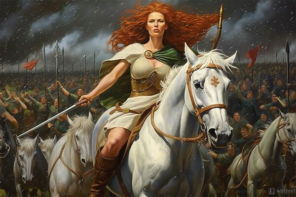 Boudicca | A Rainha Guerreira
Figura de resistência contra a opressão estrangeira, Boadiceia, como era chamada pelos romanos, foi uma das mulheres mais significativas da Antiguidade.

Seu esposo, o rei Prasutagus, no intento de firmar uma posição de entendimento em relação ao Império, articulou um acordo com os romanos. Em seu testamento, deixava o imperador romano como co-herdeiro de suas terras juntamente com suas duas filhas. No entanto, após a controversa morte de Prasutagus (há quem diga que foi envenenado pelos romanos), o procurador Cato Deciano ignorou o testamento e se apropriou de toda a herança dos icenos. Através de atos brutais, passaram a controlar de forma direta e definitiva a região. Houve protesto, mas Roma sufucou-o rapidamente. A resposta de Roma ao protesto foi desproporcional. A rainha foi açoitada em praça pública; suas duas filhas, violadas. Enfurecida, Boudicca iniciou uma revolta. Extremamente carismática, a rainha costurou alianças entre os povos britânicos vizinhos ao seu.

A Revolta de Boadiceia ocorreu entre 60 e 61 d.C, e dizem alguns historiadores da época que ela cometeu todo tipo de atrocidade em seus levantes contra Roma em nome de uma deusa chamada Andraste e, sob sua liderança, os rebeldes tomaram três grandes cidades controladas por Roma. Cerca de 70 a 80 mil romanos perderam a vida nos ataques promovidos por Boadiceia.

O historiador Dião Cássio diz sobre ela: "Boadiceia era alta, terrível de olhar e abençoada com uma voz poderosa. Uma cascata de cabelos vermelhos alcançava seus joelhos; usava um colar dourado composto de ornamentos, uma veste multicolorida e sobre esta um casaco grosso preso por um broche. Carregava uma lança comprida para assustar todos os que lhe deitassem os olhos".

A revolta terminou depois que Roma encontrou um campo de batalha adequado para sua cavalaria. Mesmo em desvantagaem númerica, o império conseguiu desestabilizar o exército de Boudicca num confronto decisivo. Decidida a não correr o risco de voltar a ser capturada por Roma para sofrer punições ainda mais severas, Boudicca teria tirado a própria vida após a derrota.

A fama de Boudicca tomou proporções lendárias na Inglaterra, séculos depois. Ganhou uma estátutua de bronze ao lado do Palácio de Westminster; um filme em 2023; apareceu em jogos eletrônicos e agora vai aparecer em Águas do Ara pyau, meu primeiro romance, que vai sair esse ano. Eu só espero que a minha versão de Boudicca esteja à altura da Boudicca da vida real.
