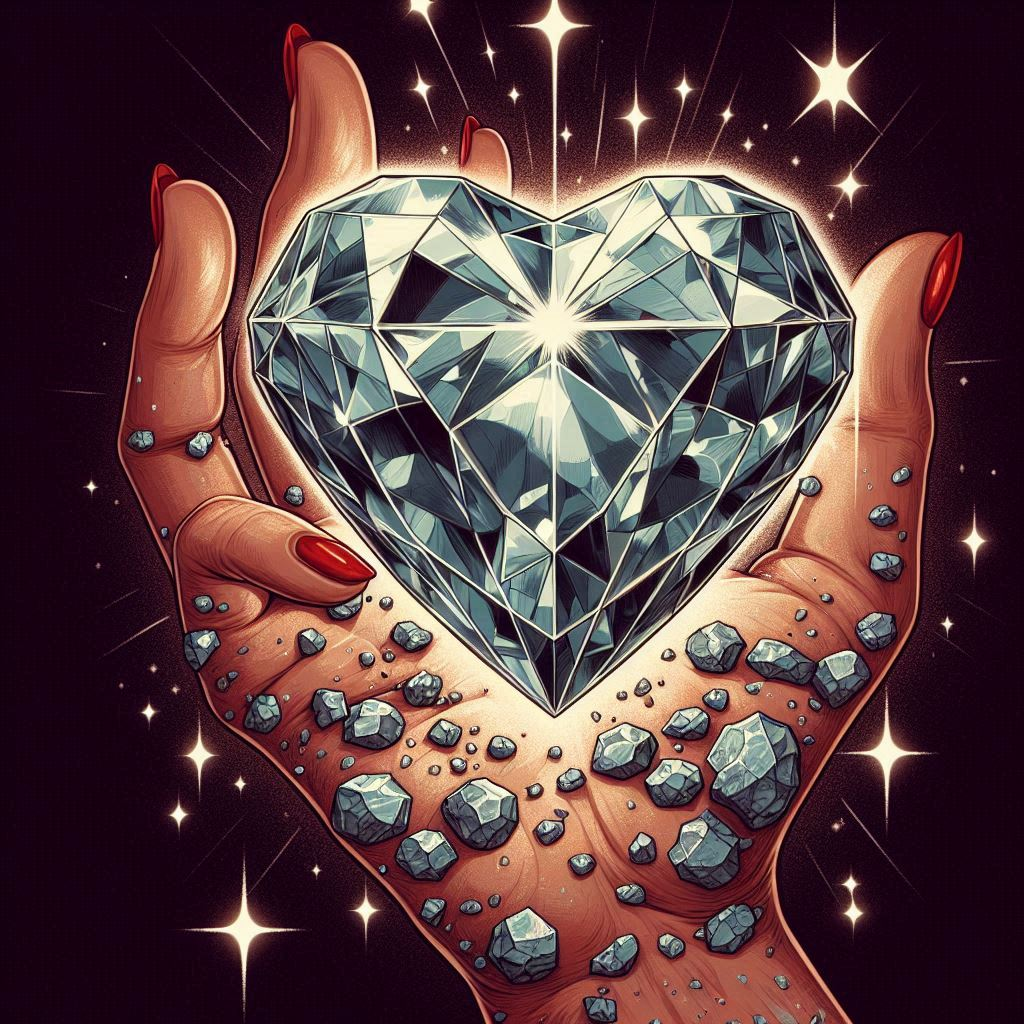 Diamantes e rochas 

O amor próprio é um diamante 
Tem que quebrar a rocha existente.

Persistente, um diamante a brilhar,
Em rocha densa, é preciso cavar.

Com paciência e força, a alma a lavrar,
As crenças limitantes, a superar.

Como joia rara, a essência a encontrar,
Em cada lasca, a verdade a revelar.

A dor, a rocha dura a quebrar,
E o brilho intenso, a vida a iluminar.

Resiliência em cada recomeçar,
O diamante lapidado, a se mostrar.

Em cada cicatriz, um novo amar,
Se amando, a alma a libertar.

Encontrar um bom lugar;
Diamantes em rochas encontrar!

#rlloco
@ricardolloco