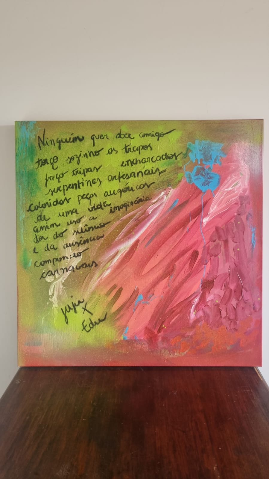 ninguém quer doer comigo
torço sozinho os trapos encharcados
faço tripas, serpentinas artesanais
coloridas peças alegóricas de uma vida imaginária
assim uso a dor do silêncio e da ausência
compondo carnavais

Poema "trapos", livro "Perdições" de Edu Liguori

Arte [foto anexa] de Juliana Lopes Moré (Juju)