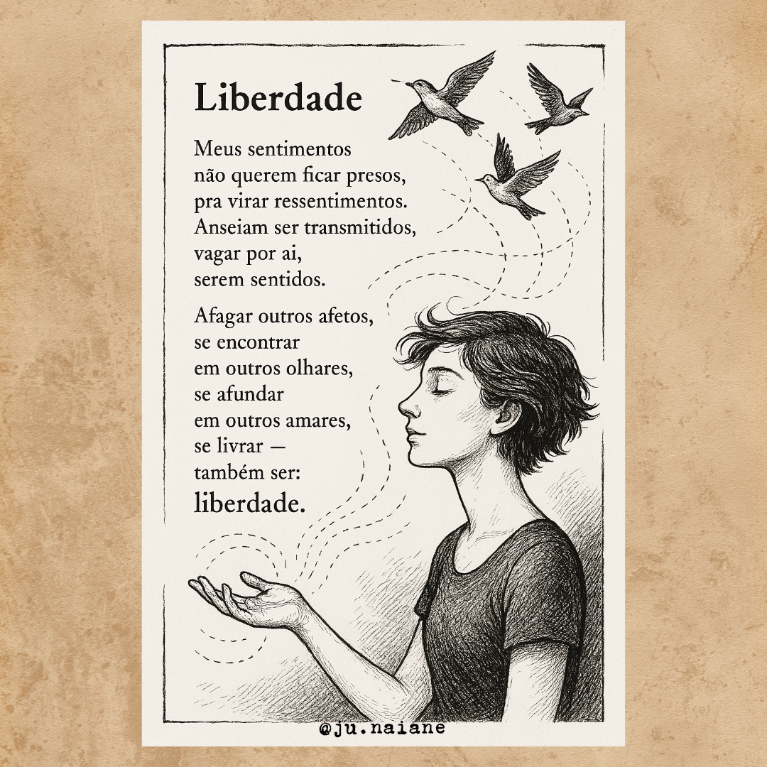 Meus sentimentos
não querem ficar presos,
pra virar ressentimentos.

Anseiam ser transmitidos,
vagar por aí,
serem sentidos.

Afagar outros afetos,
se encontrar
em outros olhares,
se afundar
em outros amares

se livrar
— também ser...
Liberdade.

#desafio 365/91