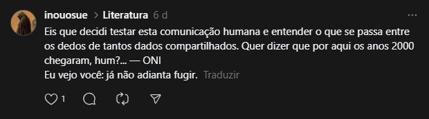 E, gente, CUIDADO, nosso querido monstruoso está entre nós lá no Instagram e Threads:

https://www.threads.com/@inouosue?hl=pt-br
Se escrever EU SOU ONI já aparece ;)

#eusouoni #fantasia #livrodefantasia #literaturafantastica #realismomagico