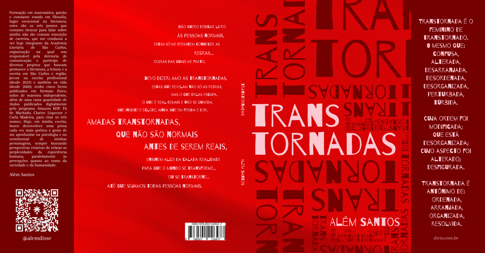 Não quero dedicar livro
às pessoas normais,
estas só me permitem conhecer as
regras...
regras das quais me farto.
Devo dizer: amo as transtornadas,
estas que revelam não só as regras,
mas o que delas escapa,
o que é real demais e não se guarda,
que insiste e eclode, ainda que em ferida e dor.
Amadas transtornadas,
que não são normais
antes de serem reais,
ensinem algo da calada realidade
para que o mundo se transforme...
ou se transtorne...
até que sejamos todas pessoas normais.
https://a.co/d/aDaXlq1
Livro de contos, versão física disponível pela loja Literúnico 😁