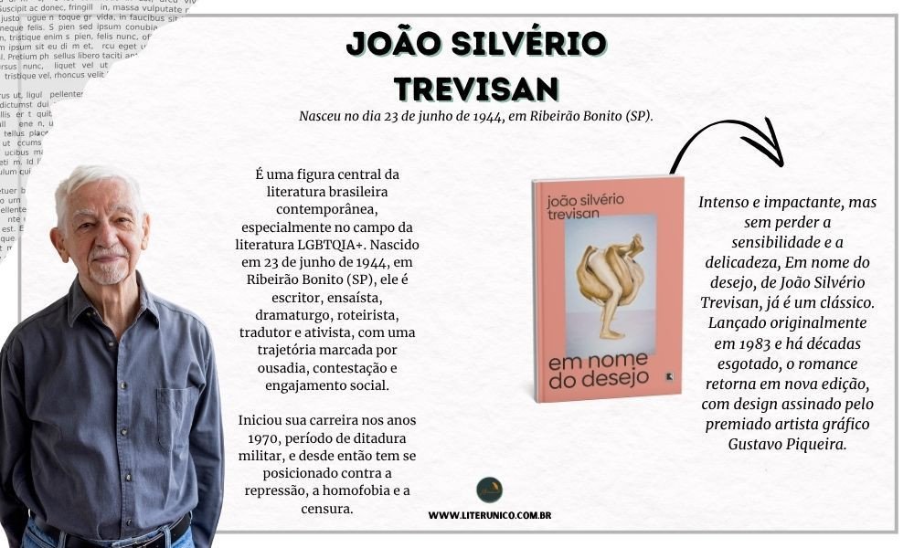 Homenagem a  João Silvério Trevisan.

É um dos nomes mais importantes da literatura e da militância LGBTQIA+ no Brasil. Nascido em 1944, em Ribeirão Bonito (SP), ele é escritor, ensaísta, roteirista, cineasta e ativista, conhecido tanto por sua obra literária quanto por sua atuação política em defesa dos direitos da comunidade LGBTQIA+.

"A verdadeira revolução começa no corpo."
- João Silvério Trevisan.

Em nome do desejo:  <a href="https://www.literunico.com.br/books/862">Aqui!</a> 

#aniversárioliterário
#diadecelebrarescritor