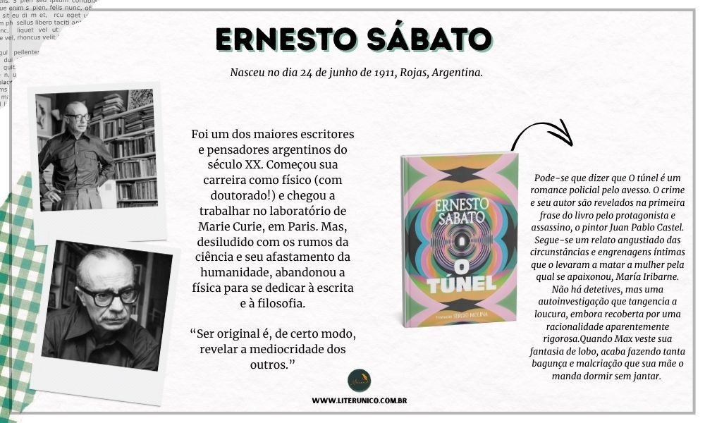 Homenagem a  Ernesto Sábato  (1911 -2011).

Antes de se dedicar à literatura, Sábato teve uma carreira brilhante na ciência. Ele estudou Física na Universidade Nacional de La Plata e trabalhou com pesquisa científica na França e nos Estados Unidos. No entanto, passou por uma crise existencial que o levou a abandonar a ciência e se dedicar à escrita e à reflexão filosófica.

"Ser original é, em certo sentido, estar retornando às origens."
- Ernesto Sábato.

O túnel:  <a href="https://www.literunico.com.br/books/888">Aqui!</a> 

#aniversárioliterário
#diadecelebrarescritor