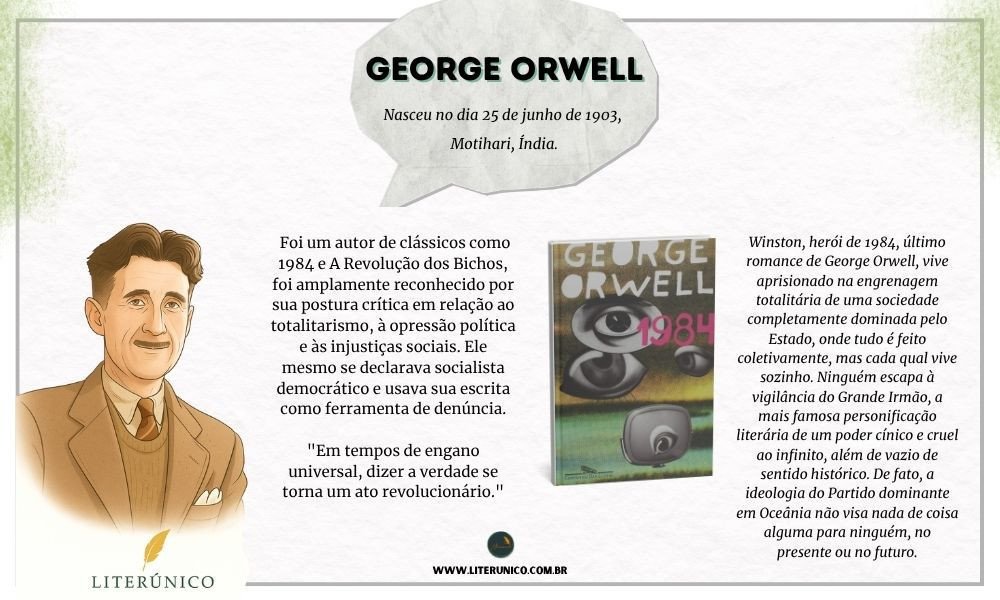 Homenagem a  George Orwell  (1903–1950).

George Orwell foi o pseudônimo de Eric Arthur Blair, um dos escritores mais influentes do século XX. Britânico, Orwell ficou conhecido por suas obras que criticam fortemente o totalitarismo, a opressão política e a manipulação da verdade.

"Em tempos de engano universal, dizer a verdade se torna um ato revolucionário."
-George Orwell.

1984:  <a href="https://www.literunico.com.br/books/20">Aqui!</a> 

#aniversárioliterário
#diadecelebrarescritor