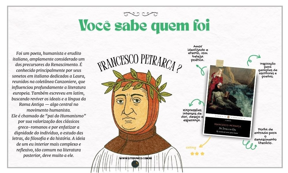 Hoje celebramos o aniversário de Francesco Petrarca!
Poeta do amor, da introspecção e da beleza das palavras, ele é um dos grandes nomes que moldaram a literatura ocidental.

Sua obra, como O Cancioneiro, nos convida a refletir sobre o tempo, os sentimentos e a alma humana.

Neste dia especial, mergulhe na poesia de Petrarca e descubra por que sua voz atravessa os séculos.

Na Terra e no Céu: 84 sonetos de amor para Laura: <a href="https://www.literunico.com.br/books/1049">Aqui!</a> 

#FrancescoPetrarca #AniversárioLiterário #PetrarcaVivo #ClássicosDaLiteratura #PoesiaItaliana #LeiaPetrarca #LiteraturaQueInspira