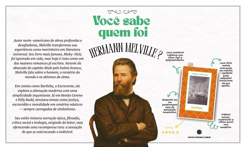 Hermann Melville (1819–1891) explorou os abismos da alma humana com a força de um mar revolto.

Autor de Moby Dick, sua escrita une aventura, filosofia e existencialismo. Em cada página, revela a luta entre o homem e o mistério do mundo — entre destino e liberdade, obsessão e redenção.

Ler Melville é embarcar numa jornada profunda e inesquecível.

Moby Dick: edição comentada: https://www.literunico.com.br/books/1098

#hermannmelville #mobydick #clássicos #literaturanorteamericana #aventura #literunico