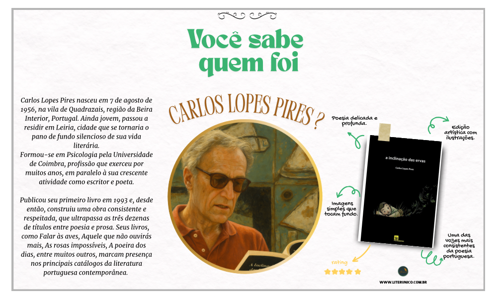 Carlos Lopes Pires é um poeta português conhecido por sua poesia sensível e profunda.
Sua obra reflete uma busca pela simplicidade e pela espiritualidade, afastando-se da poesia
convencional. 

Com mais de 40 livros publicados, ele é um dos nomes importantes da literatura contemporânea,
sempre explorando temas humanos e existenciais.

A inclinação das ervas: <a href="https://www.literunico.com.br/books/1078">Aqui!</a>

#CarlosLopesPires #PoesiaPortuguesa #Literatura #Literunico