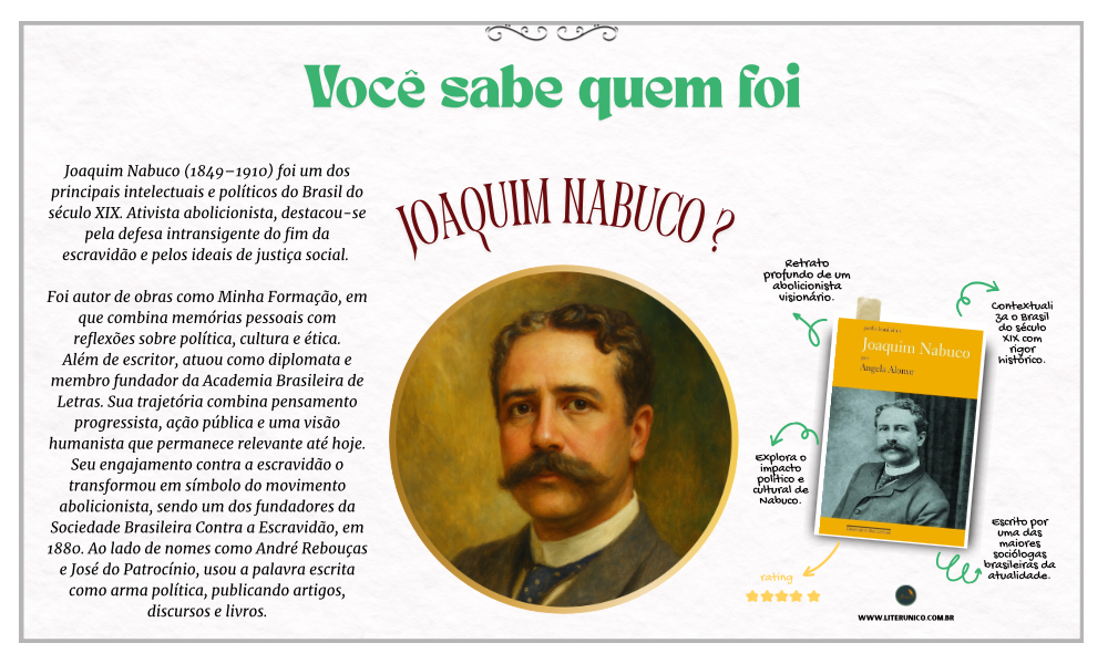 Joaquim Nabuco foi mais que um político: foi um pensador que lutou com palavras pela liberdade. Um dos maiores nomes do abolicionismo no Brasil, uniu literatura, diplomacia e justiça social em uma trajetória marcada por elegância intelectual e coragem moral. Sua escrita ainda ecoa — com ideias que continuam atuais.

Joaquim Nabuco: <a href="https://www.literunico.com.br/books/1090">Aqui!</a>

#literunico #JoaquimNabuco #HistóriaEmPalavras