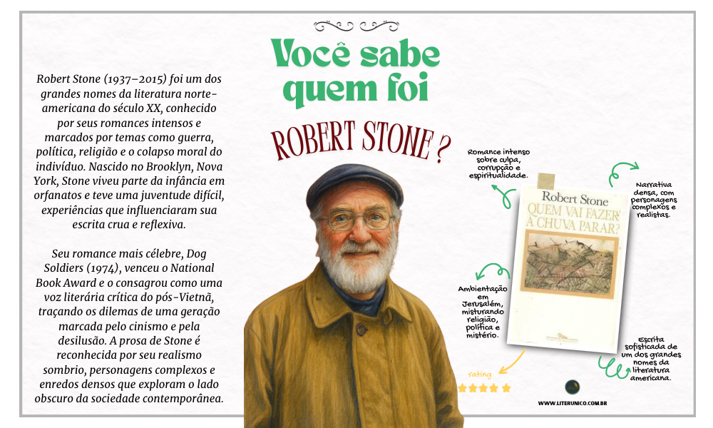 Robert Stone escrevia como quem atravessa zonas de conflito, externas e internas.
Seus romances expõem o lado sombrio da fé, da guerra, da política e da alma humana.
Com uma prosa intensa e crítica, ele mostrou que viver no mundo moderno é muitas vezes uma forma de combate.

Quem vai fazer a chuva parar?: <a href="https://www.literunico.com.br/books/1092">Aqui!</a>

#literunico #RobertStone #FicçãoAmericana