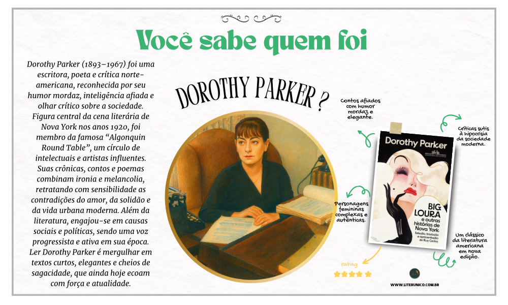 Dorothy Parker escrevia com ironia cortante e sensibilidade à flor da pele.
Entre poemas, contos e frases memoráveis, fez da inteligência uma forma de defesa e da literatura um espelho afiado da vida moderna.
Sua escrita mistura humor e dor como quem ri para não desabar.

Big Loura e outras histórias de Nova York: <a href="https://www.literunico.com.br/books/1099">Aqui!</a>

#literunico #DorothyParker #PoesiaIrônica