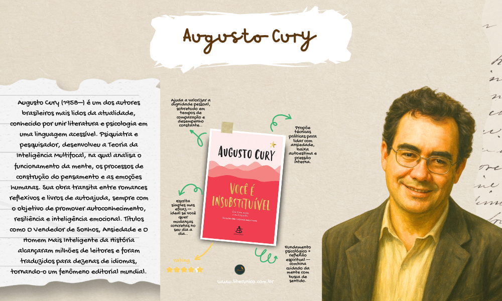 ✨ Augusto Cury (1958–) é psiquiatra, pesquisador e escritor brasileiro, reconhecido mundialmente por suas obras que unem ciência, filosofia e reflexão sobre a vida. Autor de best-sellers como Você é Insubstituível e O Vendedor de Sonhos, dedica-se a inspirar autoconhecimento, inteligência emocional e a valorização dos sonhos. Sua escrita é um convite a cuidar da mente e do coração. 📚✨
Você é insubstituível: Este livro revela a sua biografia. Sua autoestima nunca mais será a mesma: <a href="https://www.literunico.com.br/books/1280">Aqui!</a>
#AugustoCury #literunico #autoconhecimento