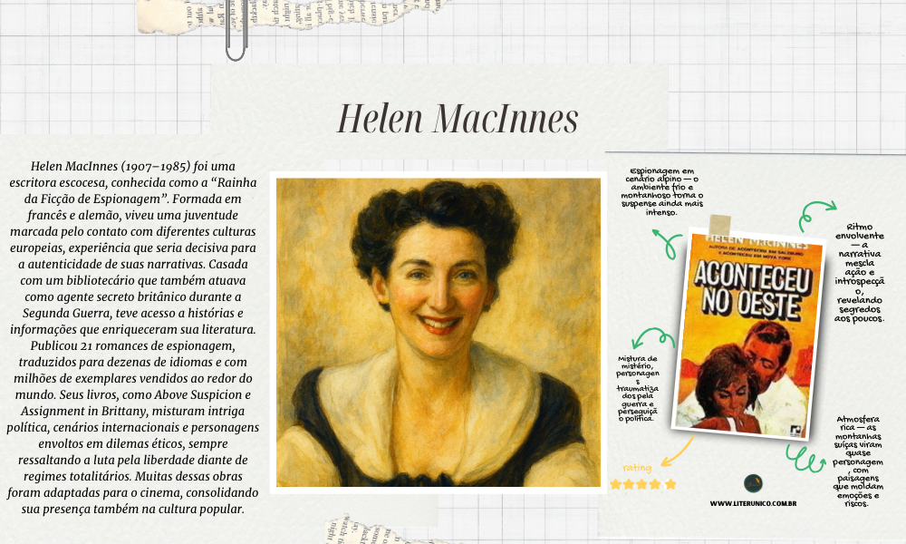 ✨ Helen MacInnes (1907–1985) ficou conhecida como a “Rainha da Ficção de Espionagem”. Em romances como Aconteceu nos Alpes e Assignment in Brittany, uniu suspense, intriga política e personagens cheios de dilemas éticos. Sua escrita ágil e realista abriu espaço para a presença feminina em um gênero dominado por homens, conquistando leitores em todo o mundo. 📚✨

Aconteceu nos Alpes: <a href="https://www.literunico.com.br/books/1301">Aqui!</a>

#HelenMacInnes #literunico #suspense